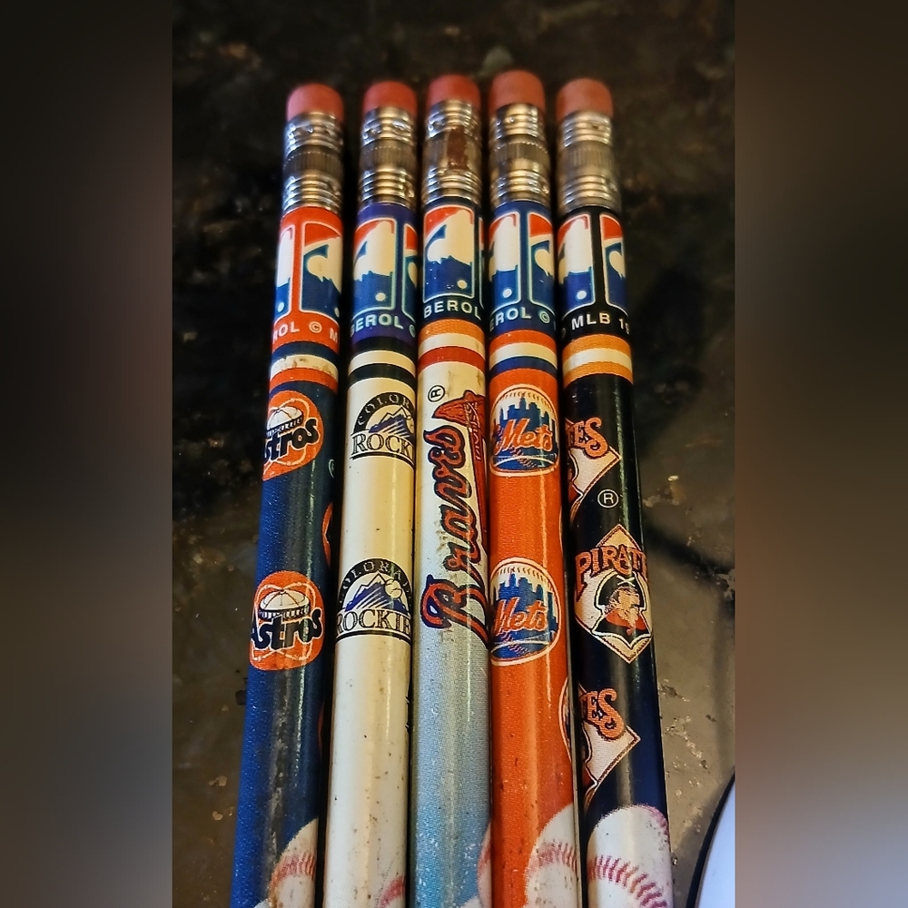 5 Vintage 90's MLB Team Logo Pencils Astros Mets Braves Rockies Pirates Baseball